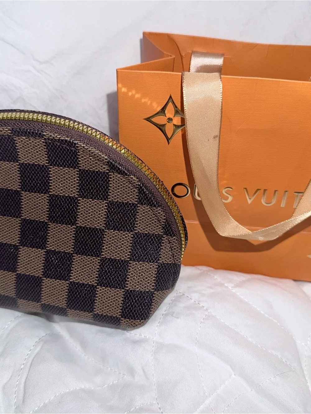 Designer-Inspired Brown Check Cosmetic Pouch with Gold Zipper